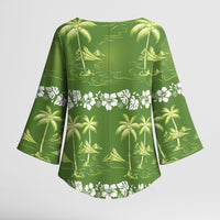 Olive Green Hawaii Palm Tree Hibiscus Kimono Sleeve Blouse Fantasy Summer Vibe