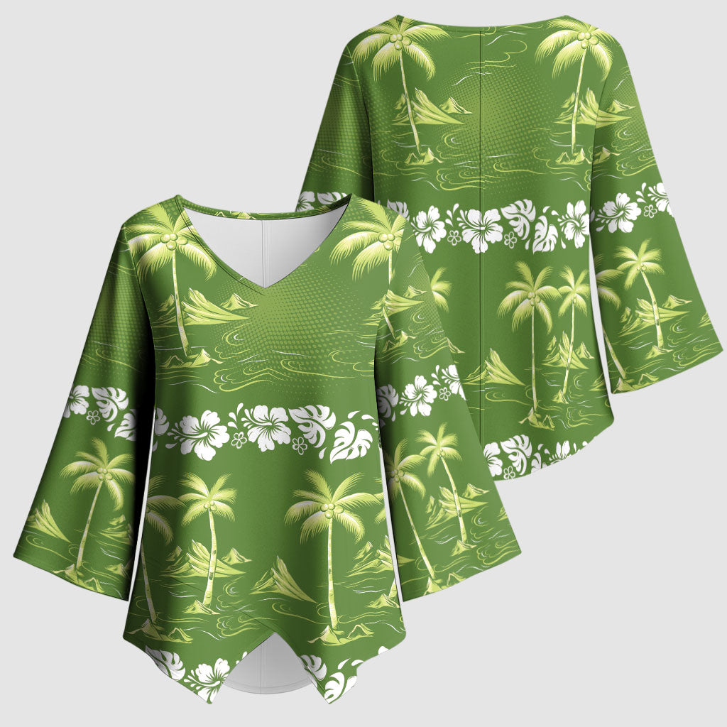Olive Green Hawaii Palm Tree Hibiscus Kimono Sleeve Blouse Fantasy Summer Vibe