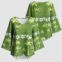 Olive Green Hawaii Palm Tree Hibiscus Kimono Sleeve Blouse Fantasy Summer Vibe