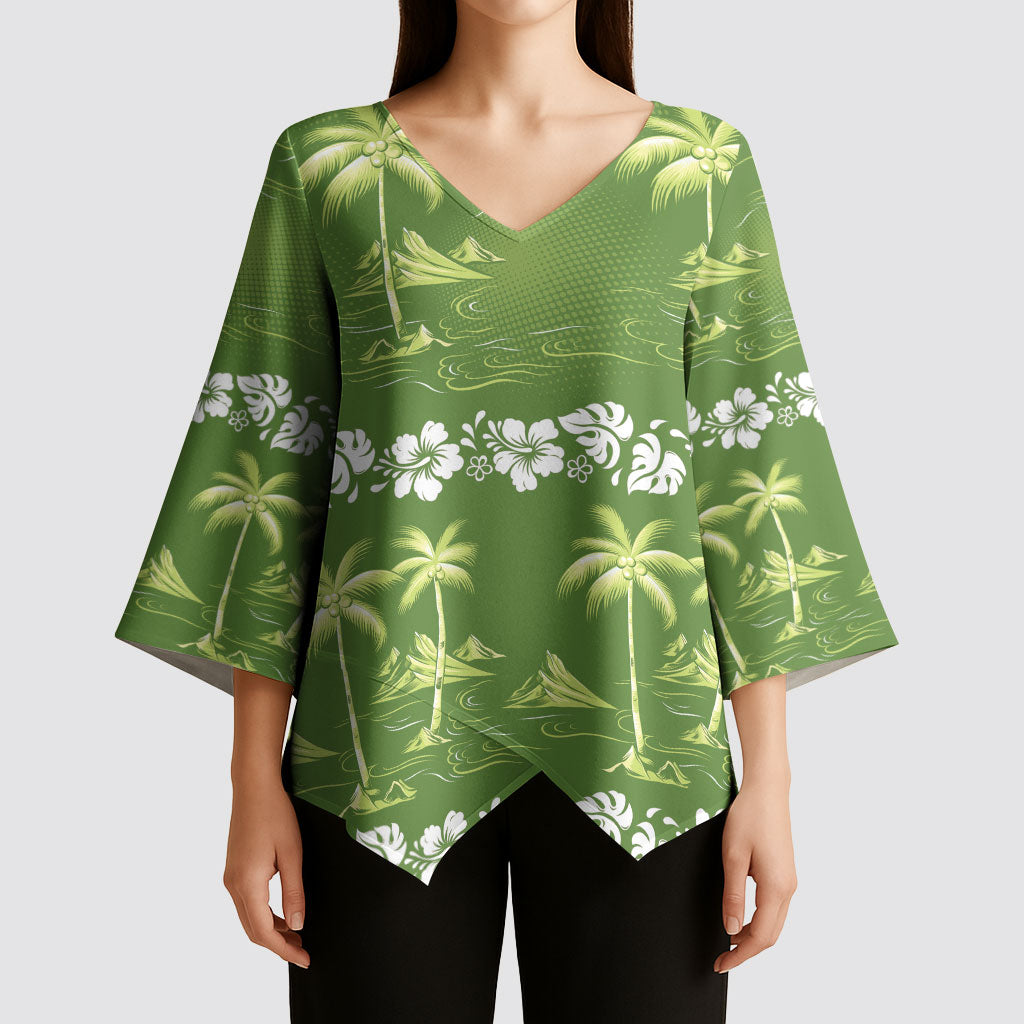 Olive Green Hawaii Palm Tree Hibiscus Kimono Sleeve Blouse Fantasy Summer Vibe