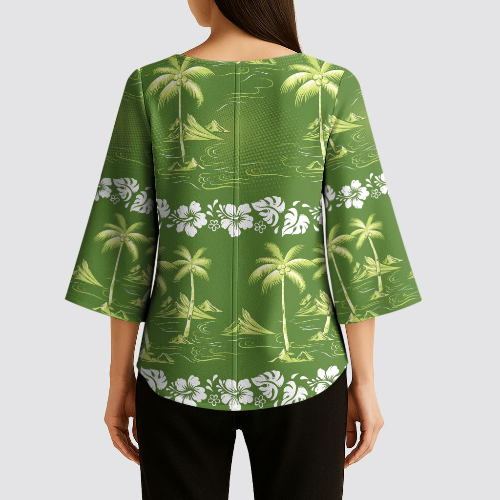 Olive Green Hawaii Palm Tree Hibiscus Kimono Sleeve Blouse Fantasy Summer Vibe