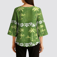Olive Green Hawaii Palm Tree Hibiscus Kimono Sleeve Blouse Fantasy Summer Vibe