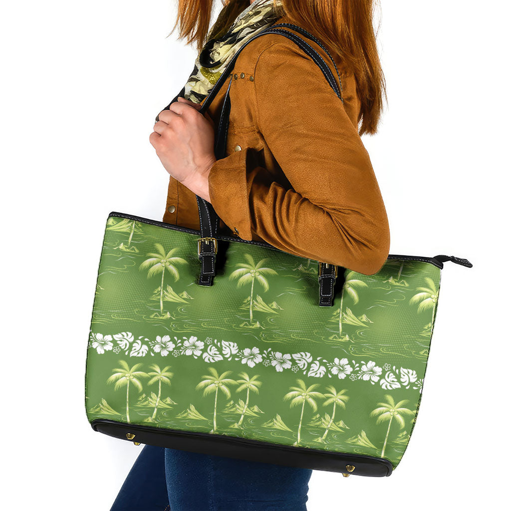 Olive Green Hawaii Palm Tree Hibiscus Leather Tote Bag Fantasy Summer Vibe