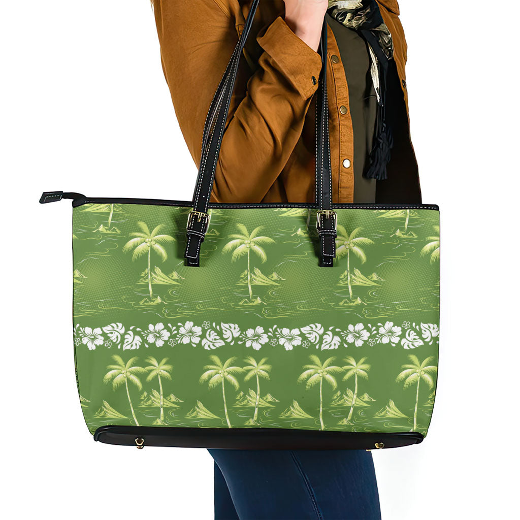 Olive Green Hawaii Palm Tree Hibiscus Leather Tote Bag Fantasy Summer Vibe