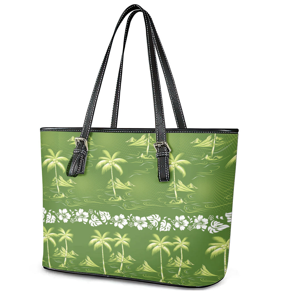 Olive Green Hawaii Palm Tree Hibiscus Leather Tote Bag Fantasy Summer Vibe