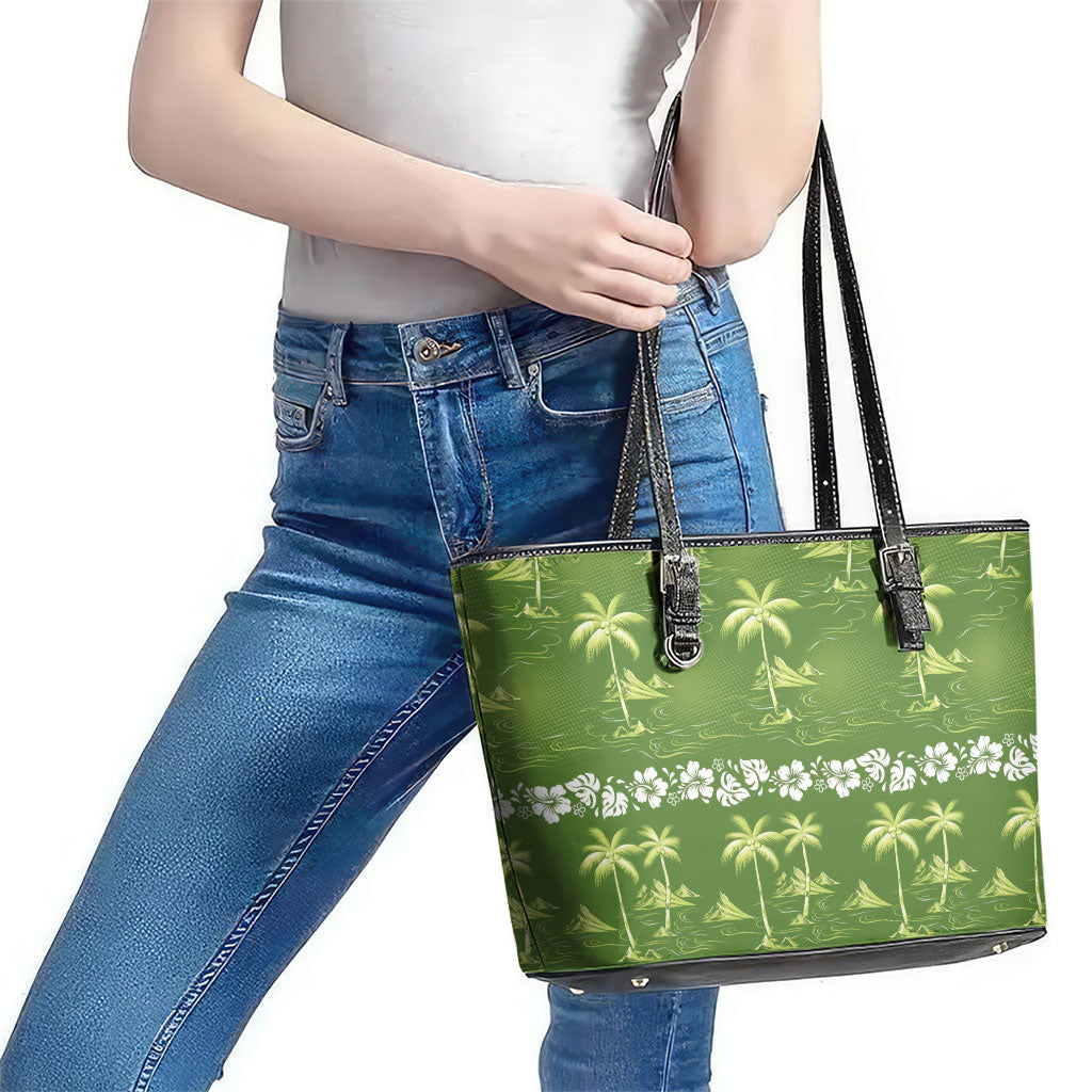 Olive Green Hawaii Palm Tree Hibiscus Leather Tote Bag Fantasy Summer Vibe