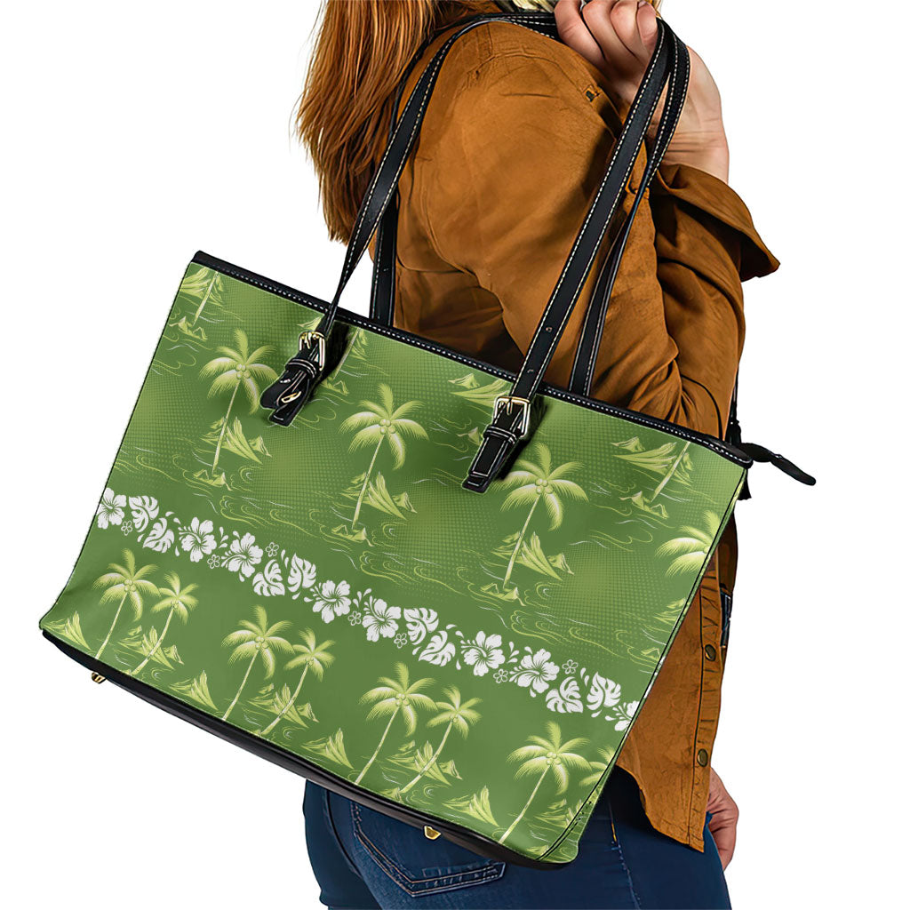 Olive Green Hawaii Palm Tree Hibiscus Leather Tote Bag Fantasy Summer Vibe