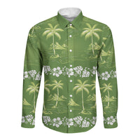 Olive Green Hawaii Palm Tree Hibiscus Long Sleeve Button Shirt Fantasy Summer Vibe