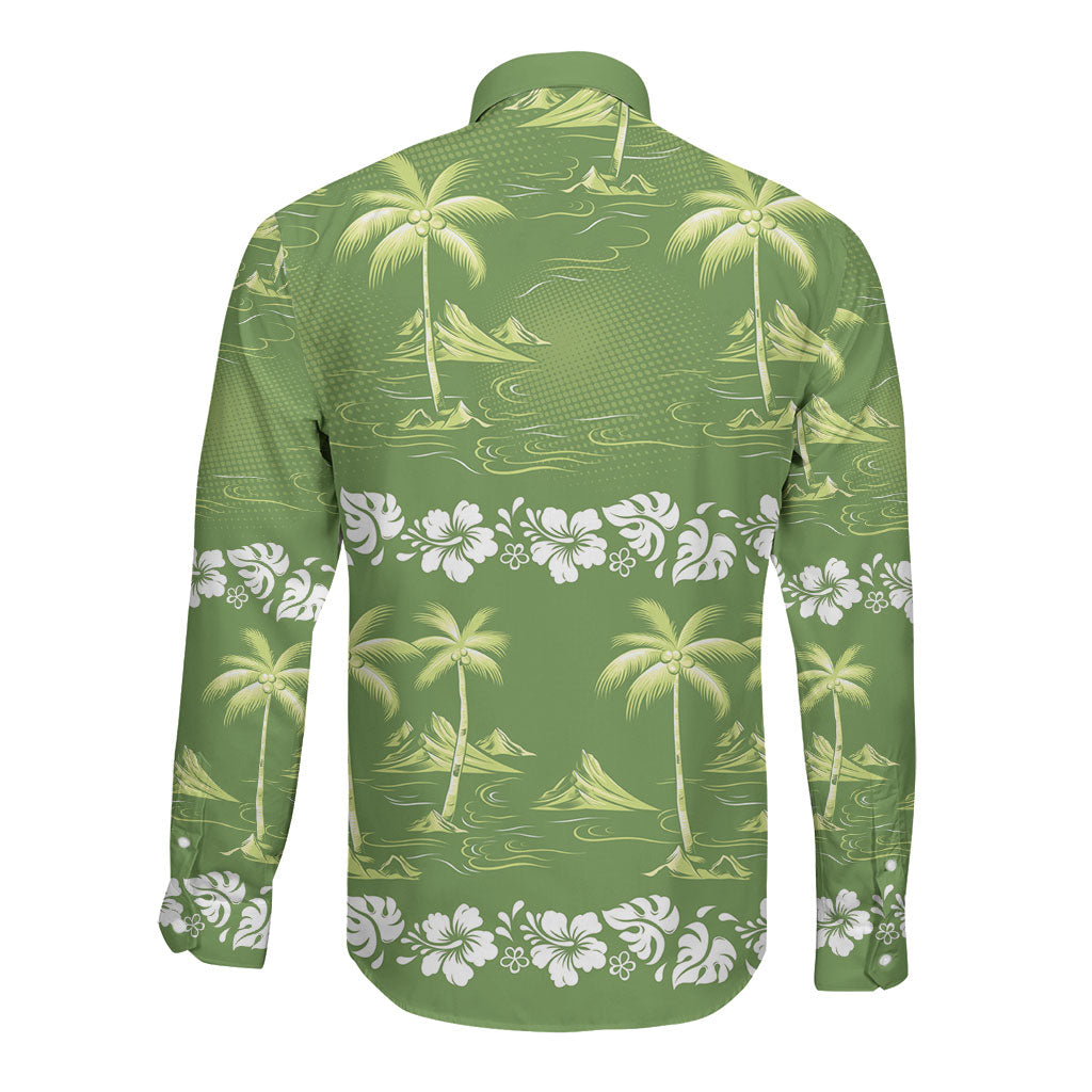 Olive Green Hawaii Palm Tree Hibiscus Long Sleeve Button Shirt Fantasy Summer Vibe