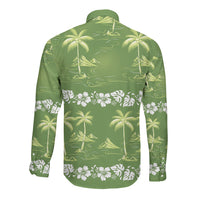 Olive Green Hawaii Palm Tree Hibiscus Long Sleeve Button Shirt Fantasy Summer Vibe