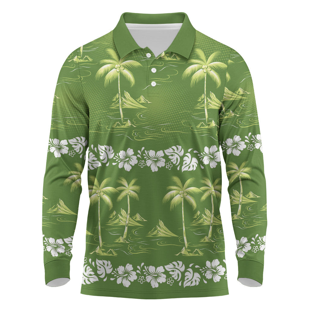 Olive Green Hawaii Palm Tree Hibiscus Long Sleeve Polo Shirt Fantasy Summer Vibe