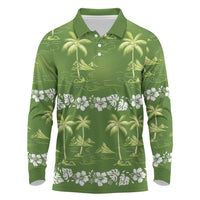 Olive Green Hawaii Palm Tree Hibiscus Long Sleeve Polo Shirt Fantasy Summer Vibe