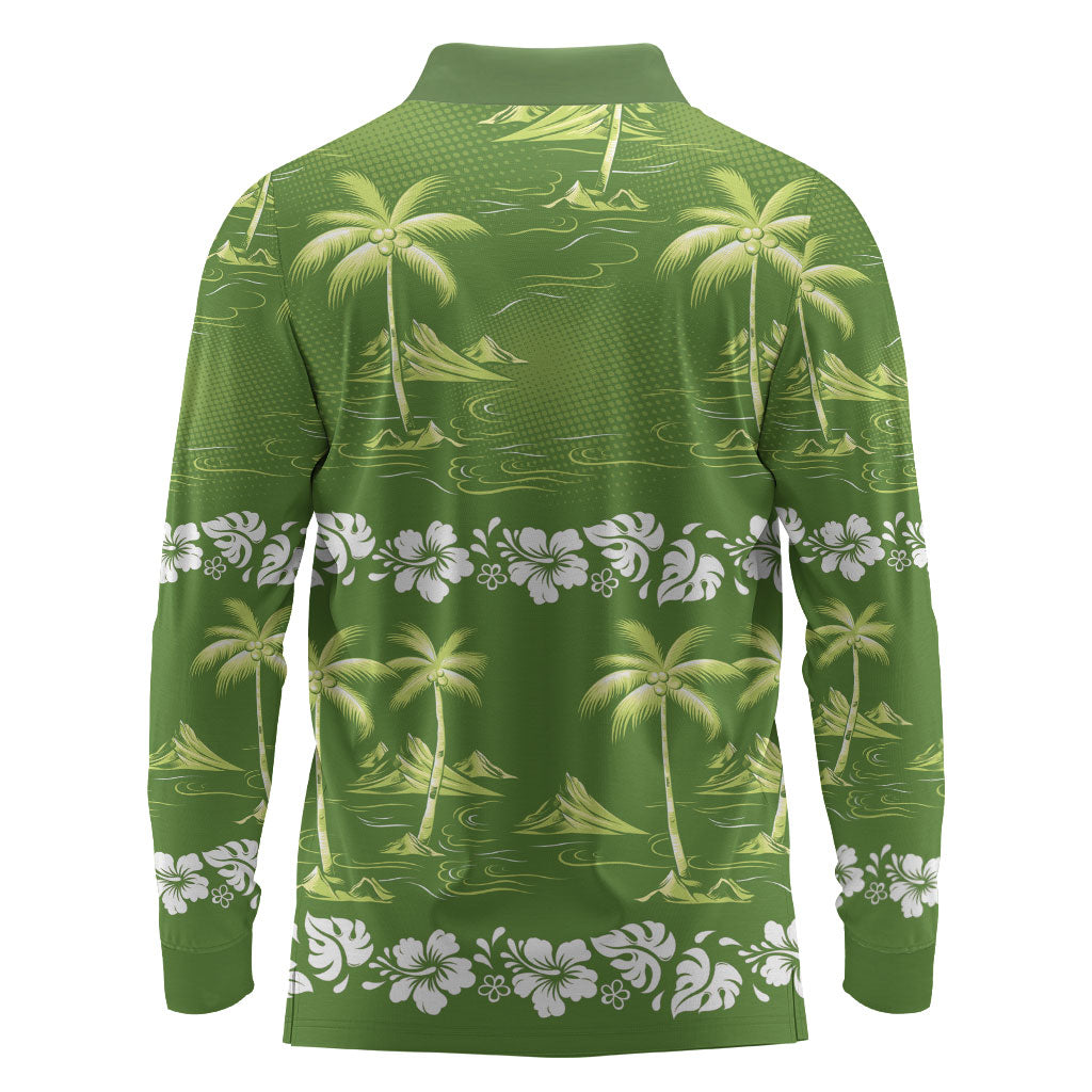 Olive Green Hawaii Palm Tree Hibiscus Long Sleeve Polo Shirt Fantasy Summer Vibe