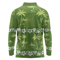Olive Green Hawaii Palm Tree Hibiscus Long Sleeve Polo Shirt Fantasy Summer Vibe