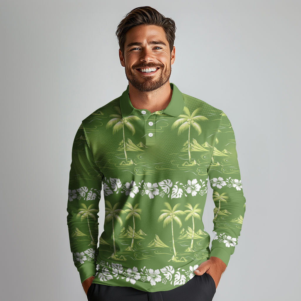 Olive Green Hawaii Palm Tree Hibiscus Long Sleeve Polo Shirt Fantasy Summer Vibe
