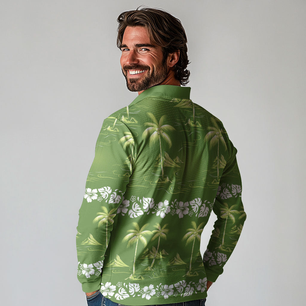 Olive Green Hawaii Palm Tree Hibiscus Long Sleeve Polo Shirt Fantasy Summer Vibe