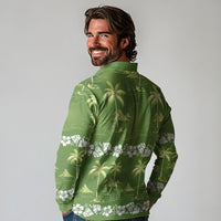 Olive Green Hawaii Palm Tree Hibiscus Long Sleeve Polo Shirt Fantasy Summer Vibe