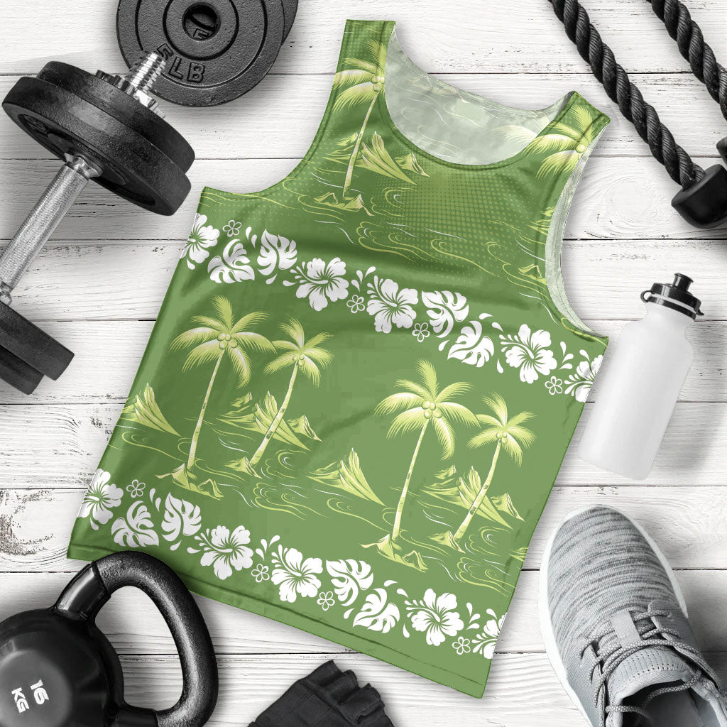 Olive Green Hawaii Palm Tree Hibiscus Men Tank Top Fantasy Summer Vibe