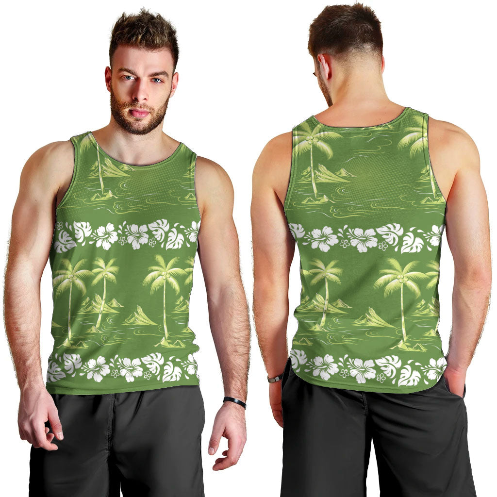 Olive Green Hawaii Palm Tree Hibiscus Men Tank Top Fantasy Summer Vibe