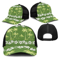 Olive Green Hawaii Palm Tree Hibiscus Mesh Trucker Cap Fantasy Summer Vibe