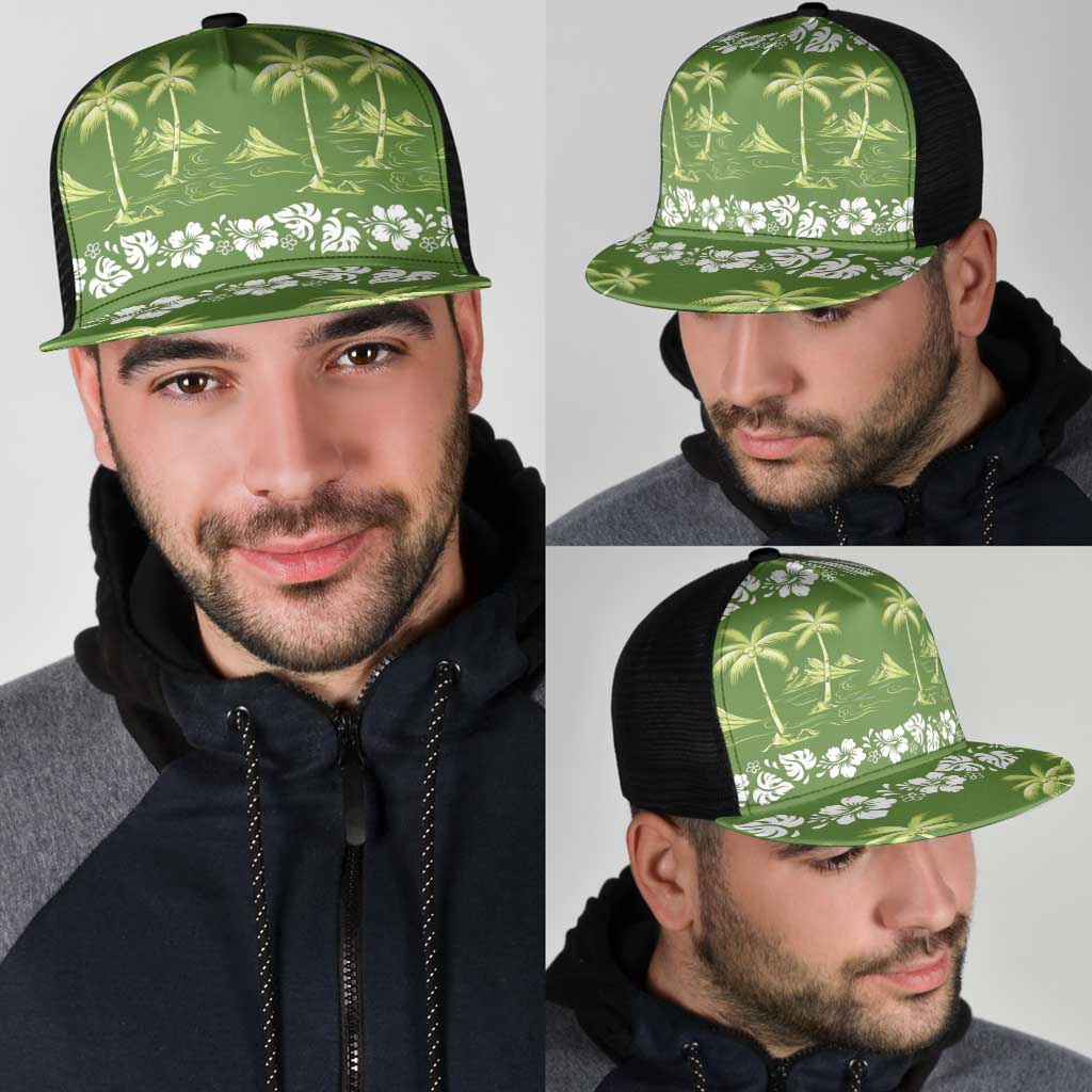 Olive Green Hawaii Palm Tree Hibiscus Mesh Trucker Cap Fantasy Summer Vibe