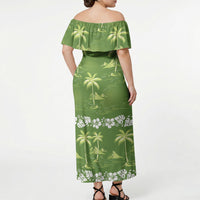 Olive Green Hawaii Palm Tree Hibiscus Off Shoulder Maxi Dress Fantasy Summer Vibe