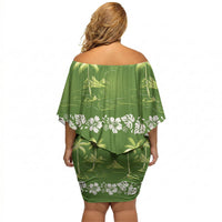 Olive Green Hawaii Palm Tree Hibiscus Off Shoulder Short Dress Fantasy Summer Vibe