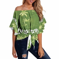 Olive Green Hawaii Palm Tree Hibiscus Off Shoulder Wrap Waist Top Fantasy Summer Vibe
