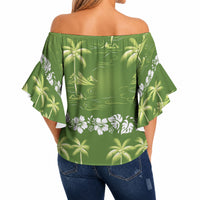Olive Green Hawaii Palm Tree Hibiscus Off Shoulder Wrap Waist Top Fantasy Summer Vibe