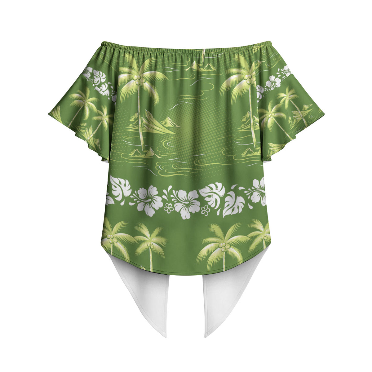 Olive Green Hawaii Palm Tree Hibiscus Off Shoulder Wrap Waist Top Fantasy Summer Vibe