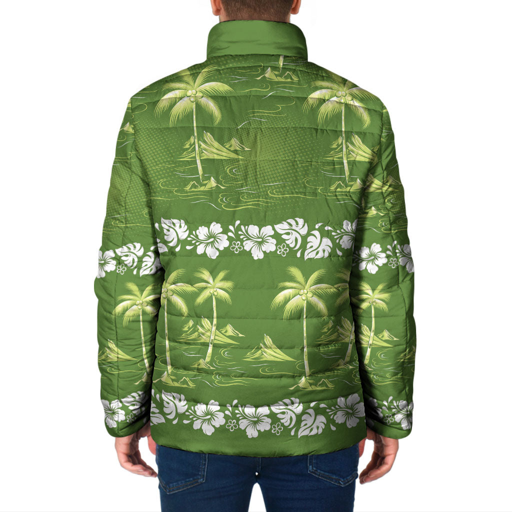 Olive Green Hawaii Palm Tree Hibiscus Padded Jacket Fantasy Summer Vibe