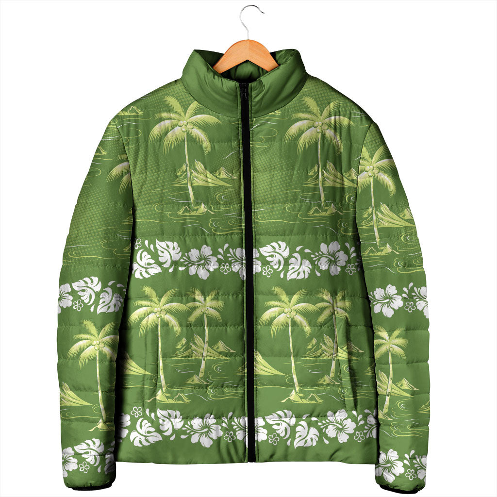 Olive Green Hawaii Palm Tree Hibiscus Padded Jacket Fantasy Summer Vibe