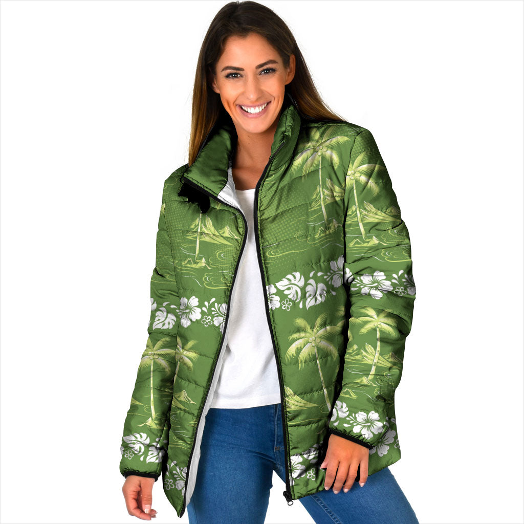 Olive Green Hawaii Palm Tree Hibiscus Padded Jacket Fantasy Summer Vibe