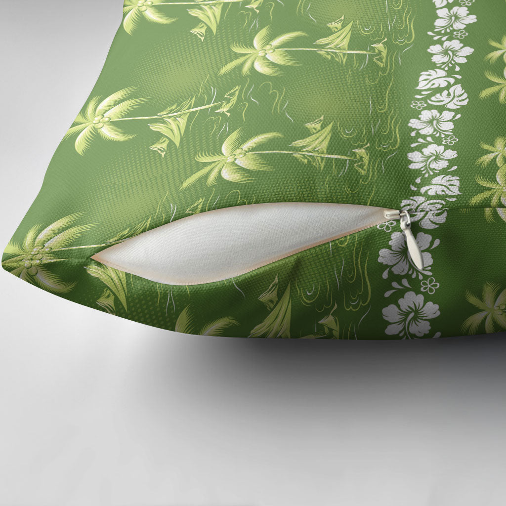 Olive Green Hawaii Palm Tree Hibiscus Pillow Cover Fantasy Summer Vibe