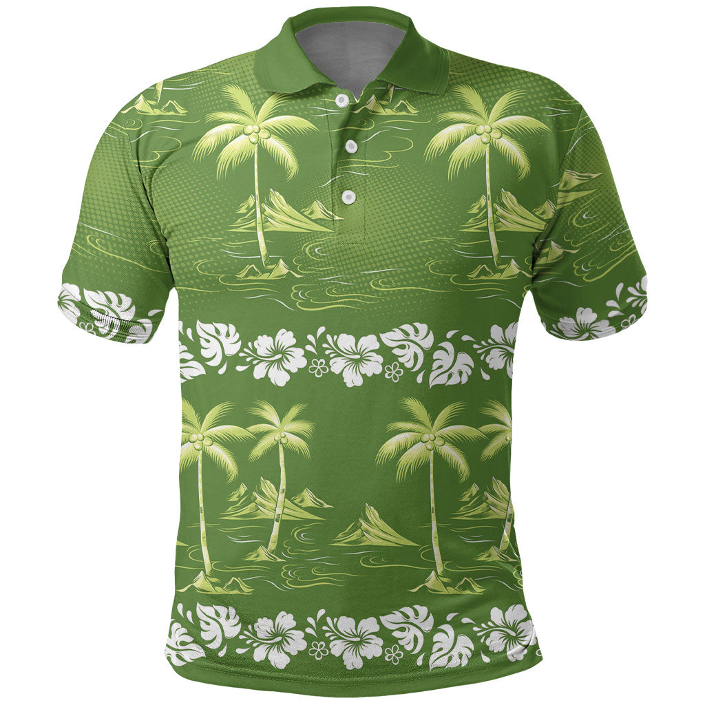 Olive Green Hawaii Palm Tree Hibiscus Polo Shirt Fantasy Summer Vibe