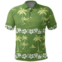 Olive Green Hawaii Palm Tree Hibiscus Polo Shirt Fantasy Summer Vibe