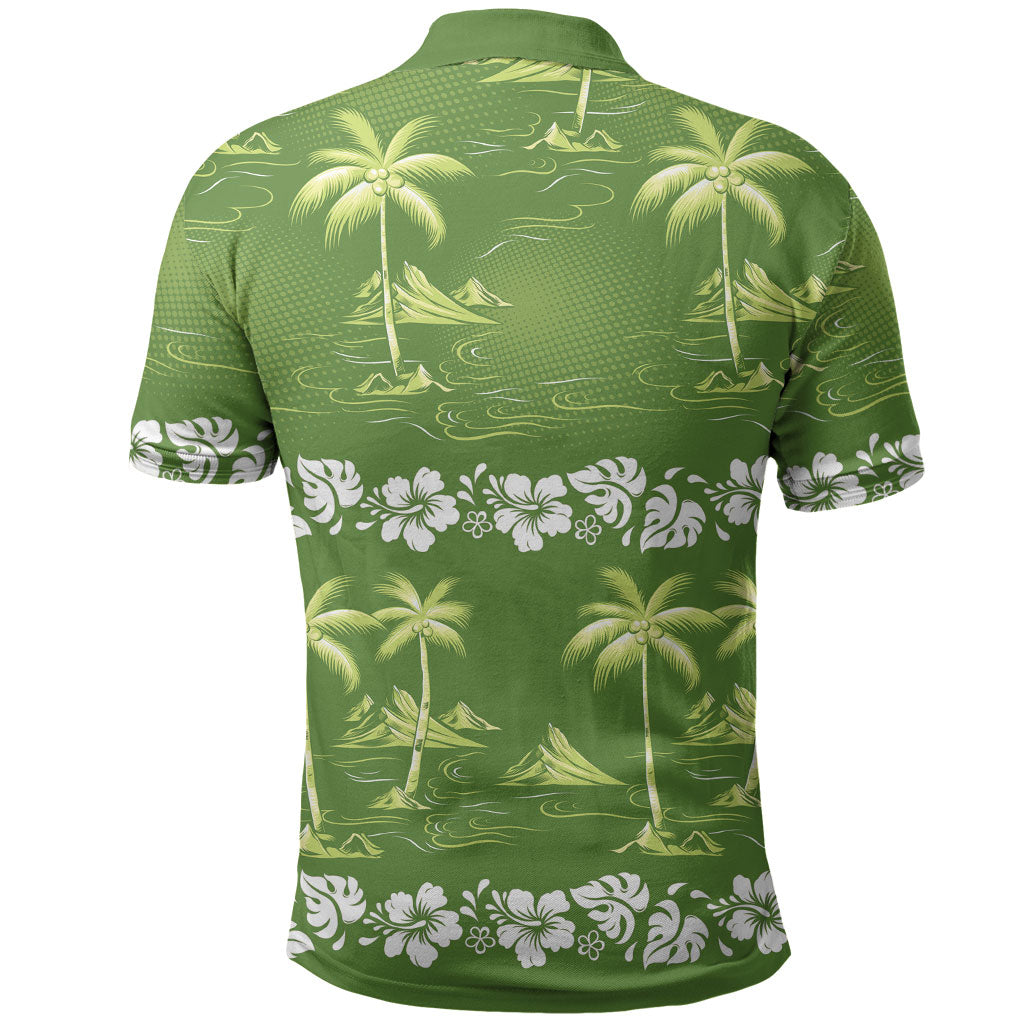 Olive Green Hawaii Palm Tree Hibiscus Polo Shirt Fantasy Summer Vibe