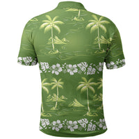 Olive Green Hawaii Palm Tree Hibiscus Polo Shirt Fantasy Summer Vibe