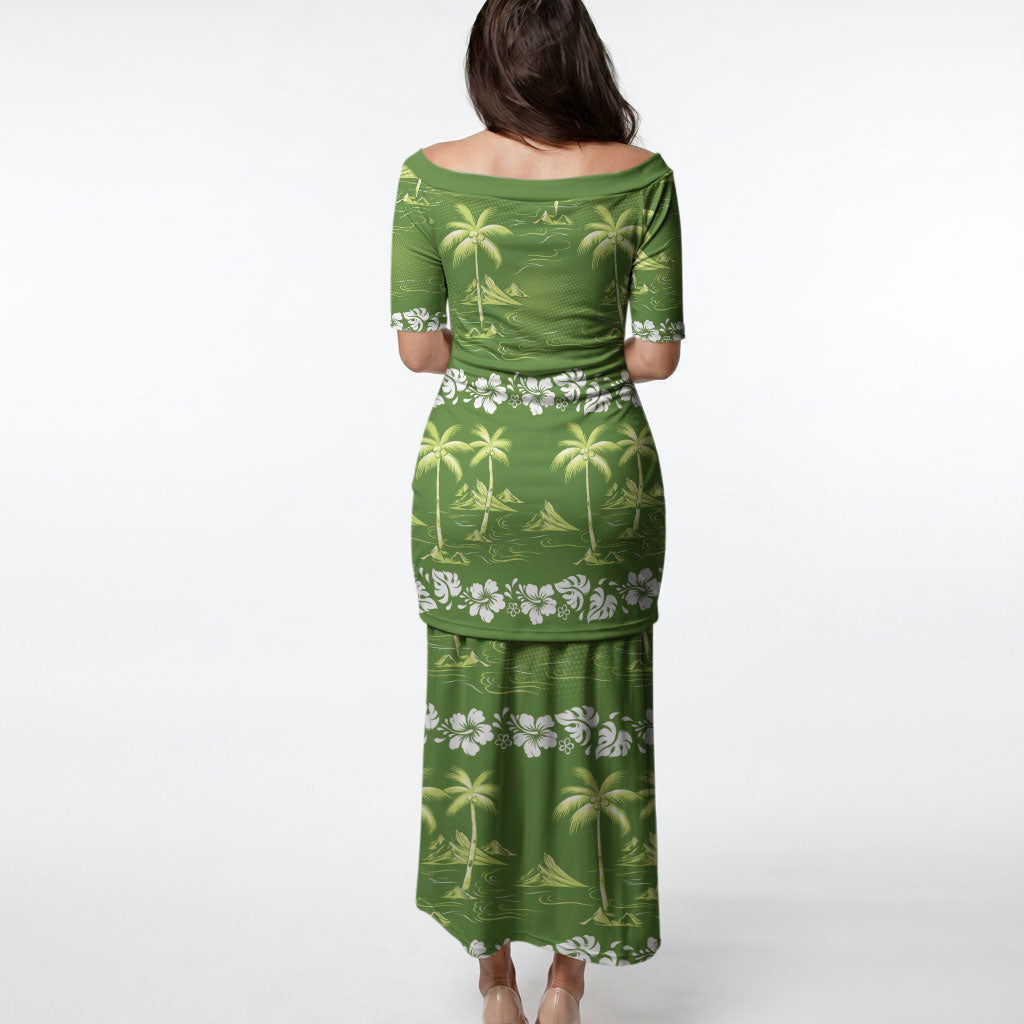 Olive Green Hawaii Palm Tree Hibiscus Puletasi Fantasy Summer Vibe