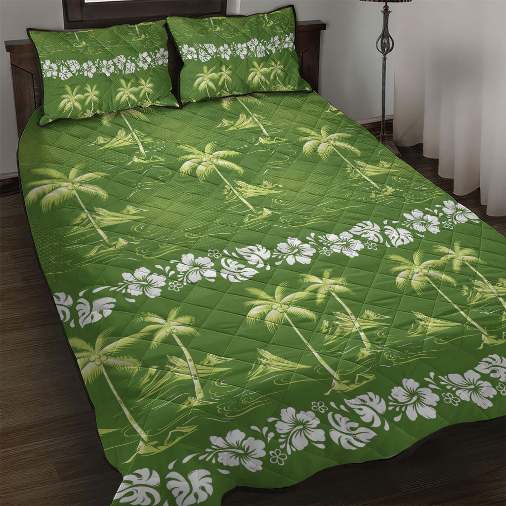 Olive Green Hawaii Palm Tree Hibiscus Quilt Bed Set Fantasy Summer Vibe LT01 Olive - Polynesian Pride