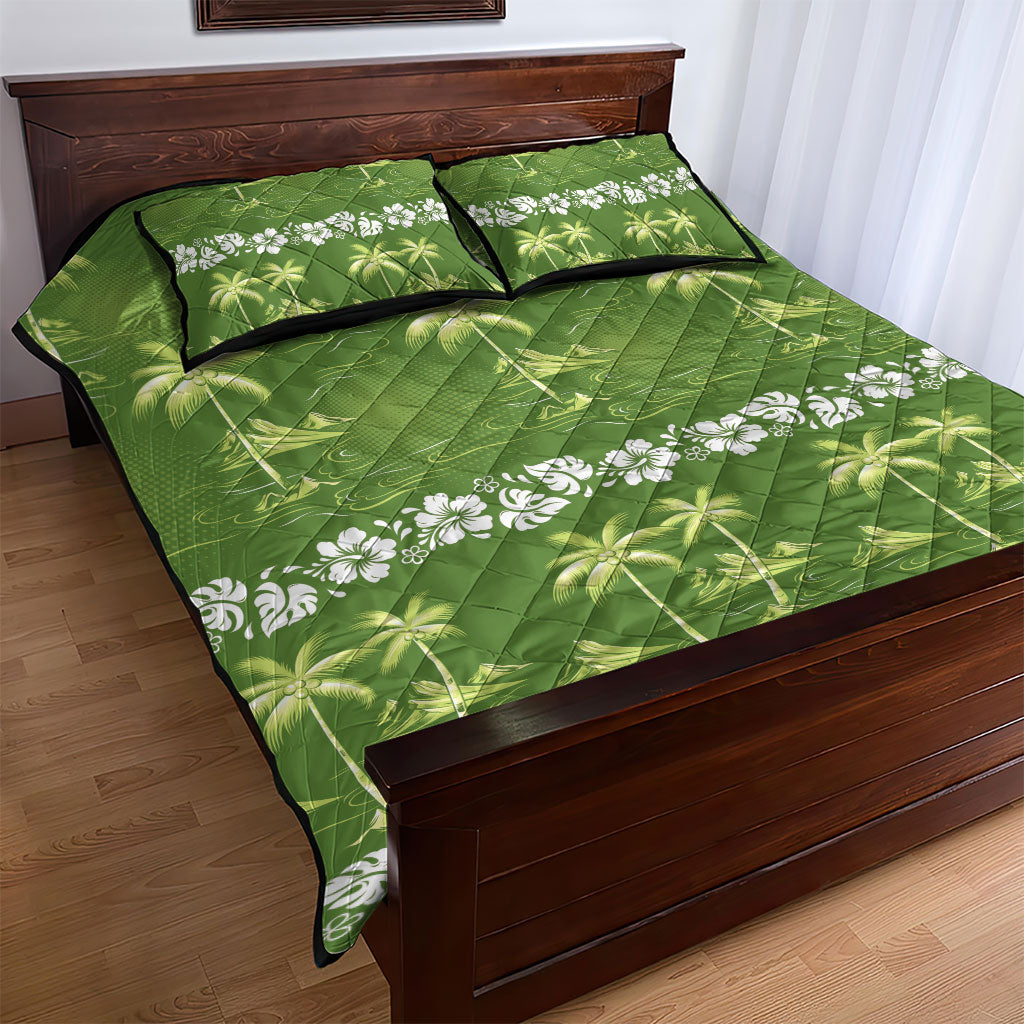 Olive Green Hawaii Palm Tree Hibiscus Quilt Bed Set Fantasy Summer Vibe