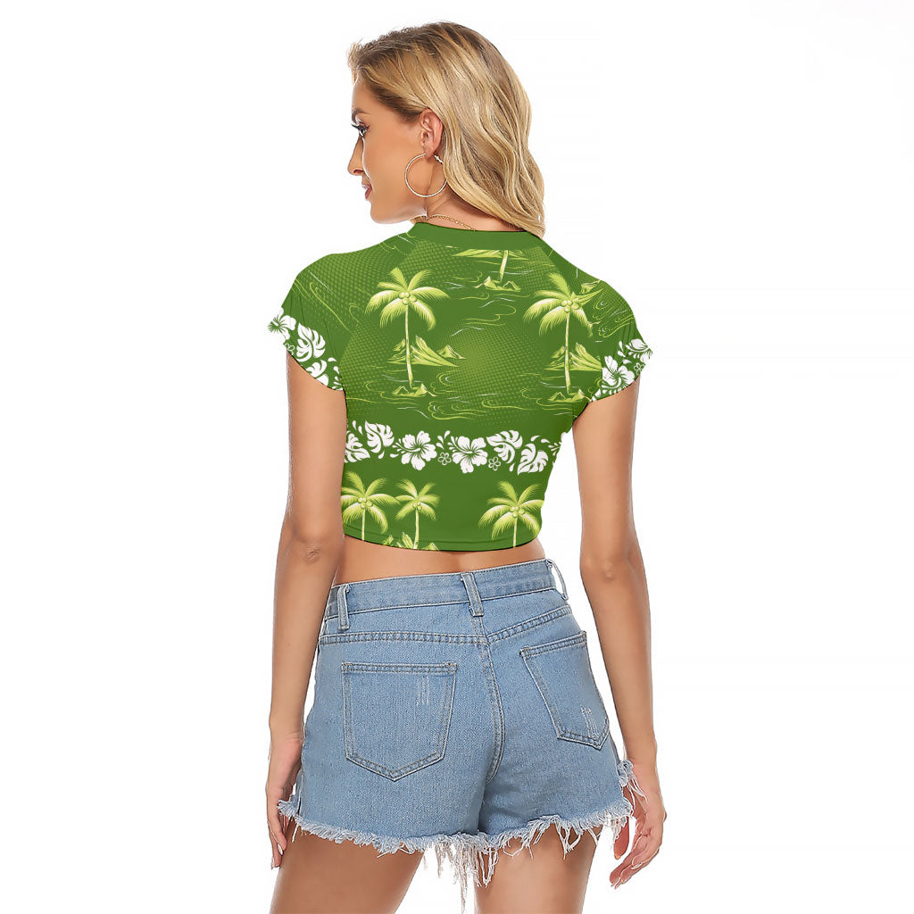 Olive Green Hawaii Palm Tree Hibiscus Raglan Cropped T Shirt Fantasy Summer Vibe