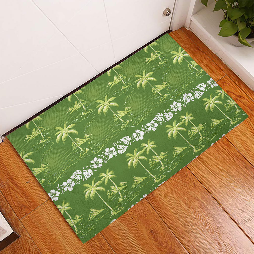 Olive Green Hawaii Palm Tree Hibiscus Rubber Doormat Fantasy Summer Vibe