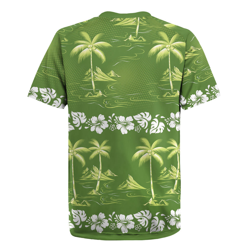 Olive Green Hawaii Palm Tree Hibiscus Rugby Jersey Fantasy Summer Vibe