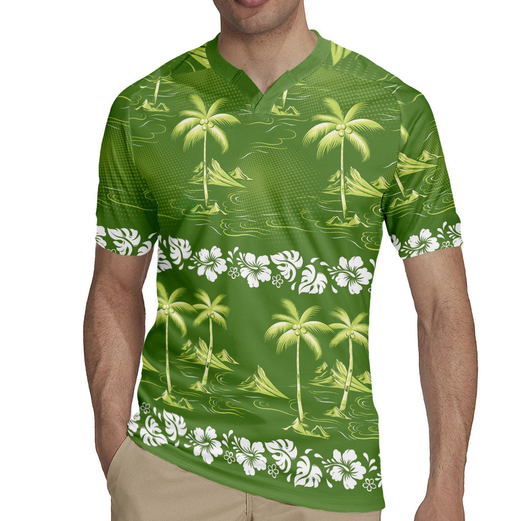 Olive Green Hawaii Palm Tree Hibiscus Rugby Jersey Fantasy Summer Vibe