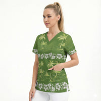 Olive Green Hawaii Palm Tree Hibiscus Scrub Top Fantasy Summer Vibe