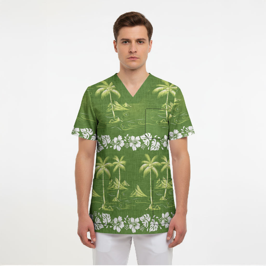 Olive Green Hawaii Palm Tree Hibiscus Scrub Top Fantasy Summer Vibe