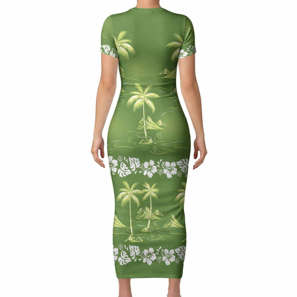 Olive Green Hawaii Palm Tree Hibiscus Short Sleeve Bodycon Dress Fantasy Summer Vibe