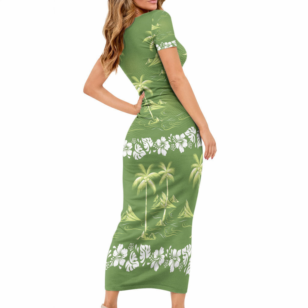Olive Green Hawaii Palm Tree Hibiscus Short Sleeve Bodycon Dress Fantasy Summer Vibe