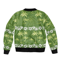 Olive Green Hawaii Palm Tree Hibiscus Sleeve Zip Bomber Jacket Fantasy Summer Vibe